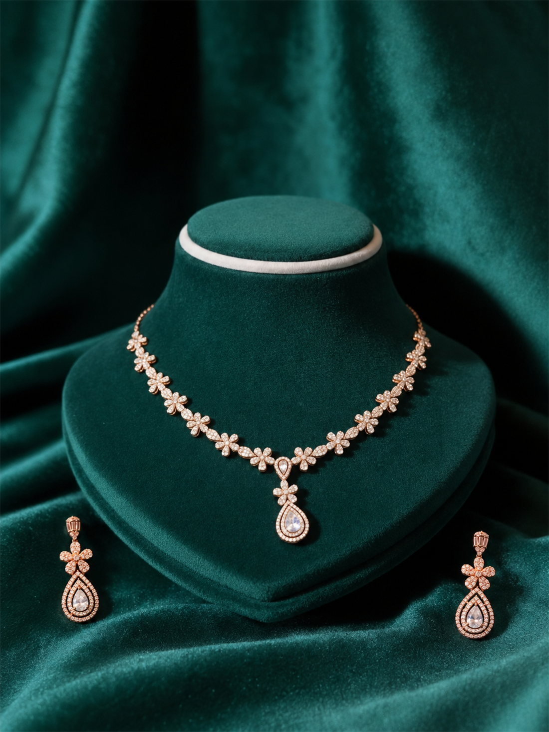 Pure Silver Floral Drop Necklace Set with Diamond Finish Elegance-SJNS-176156