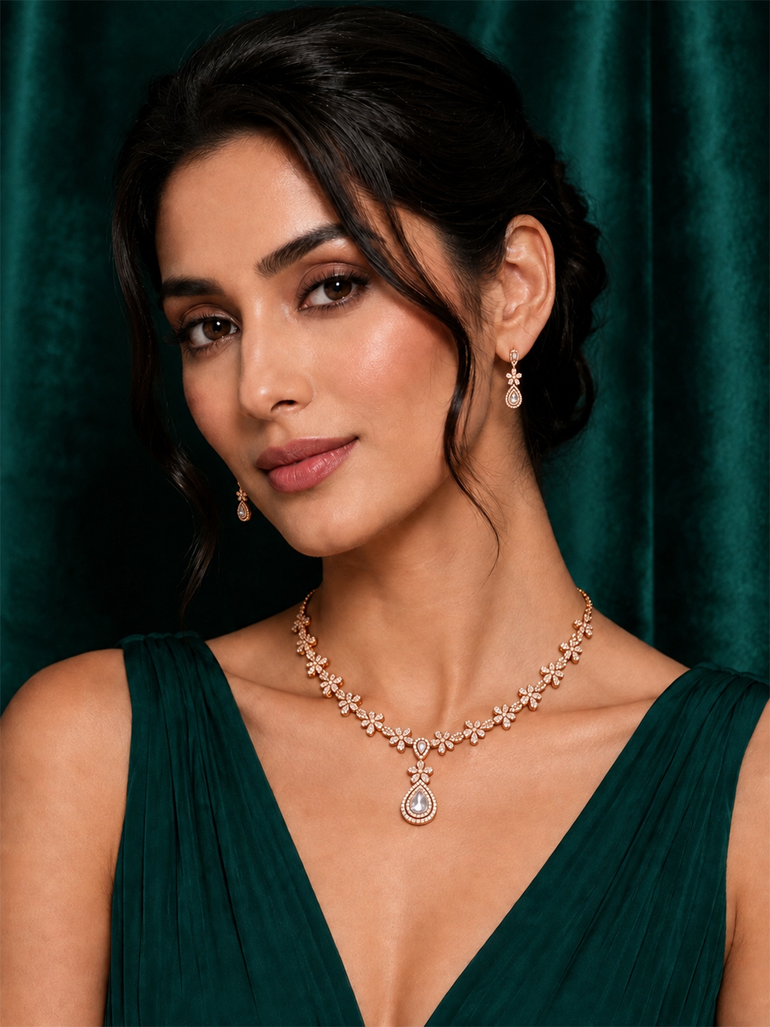 Pure Silver Floral Drop Necklace Set with Diamond Finish Elegance-SJNS-176156