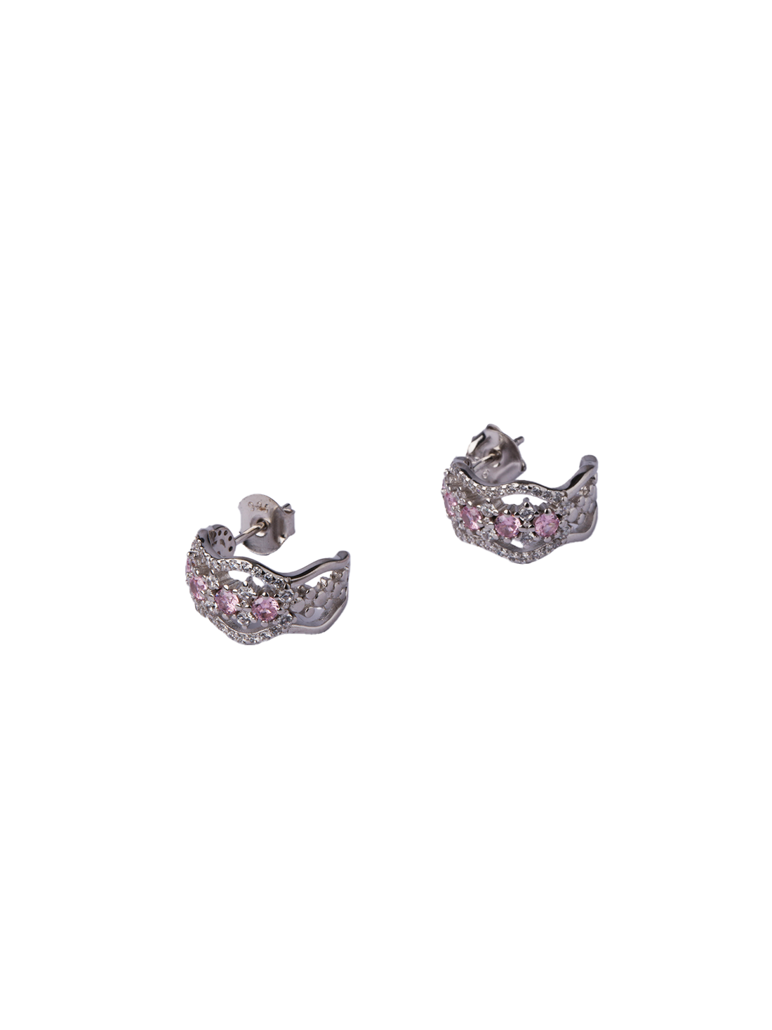 92.5 Silver Pink Stone Curved Hoop Earrings for Women