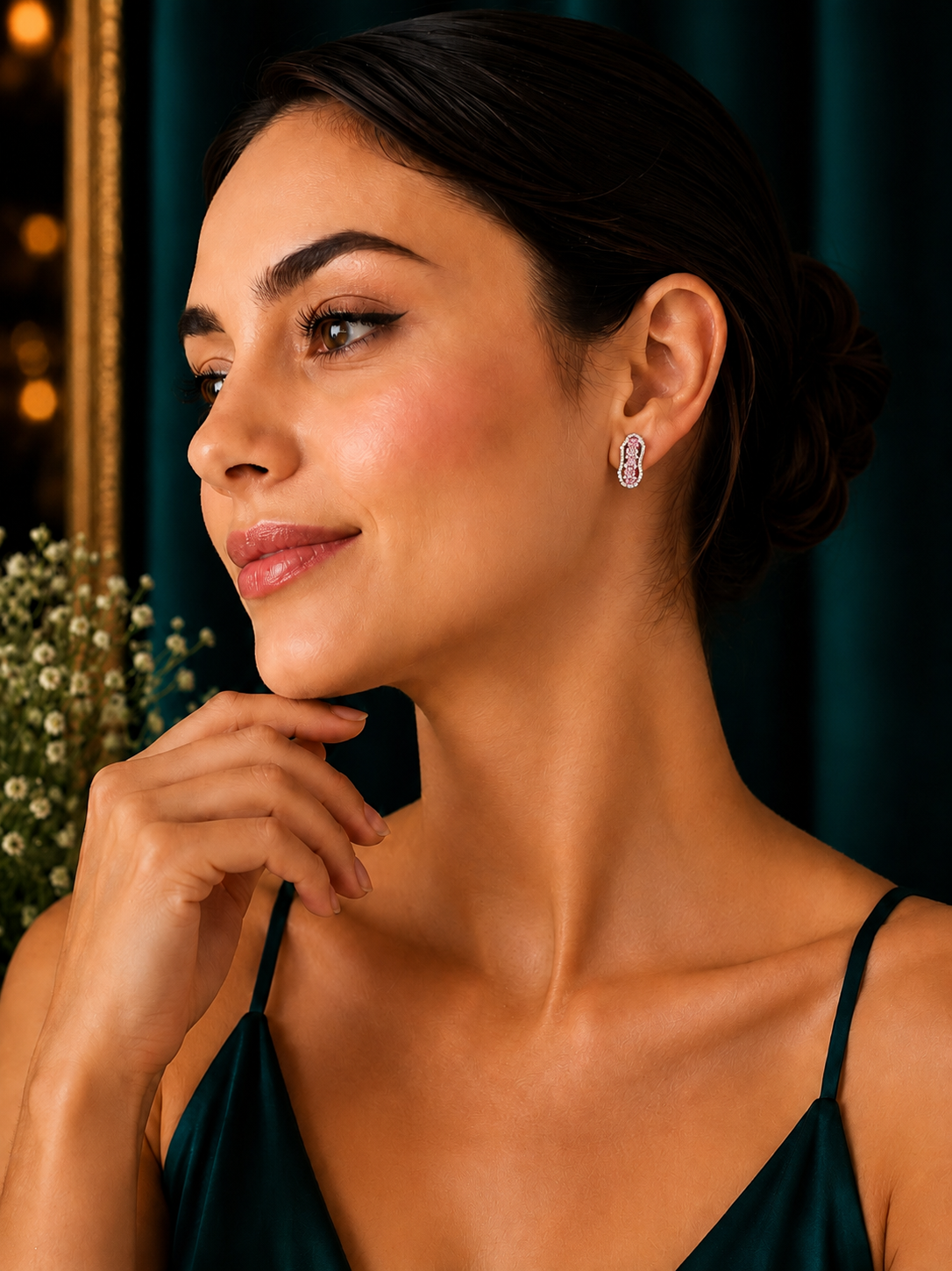 92.5 Silver Pink Stone Curved Hoop Earrings for Women