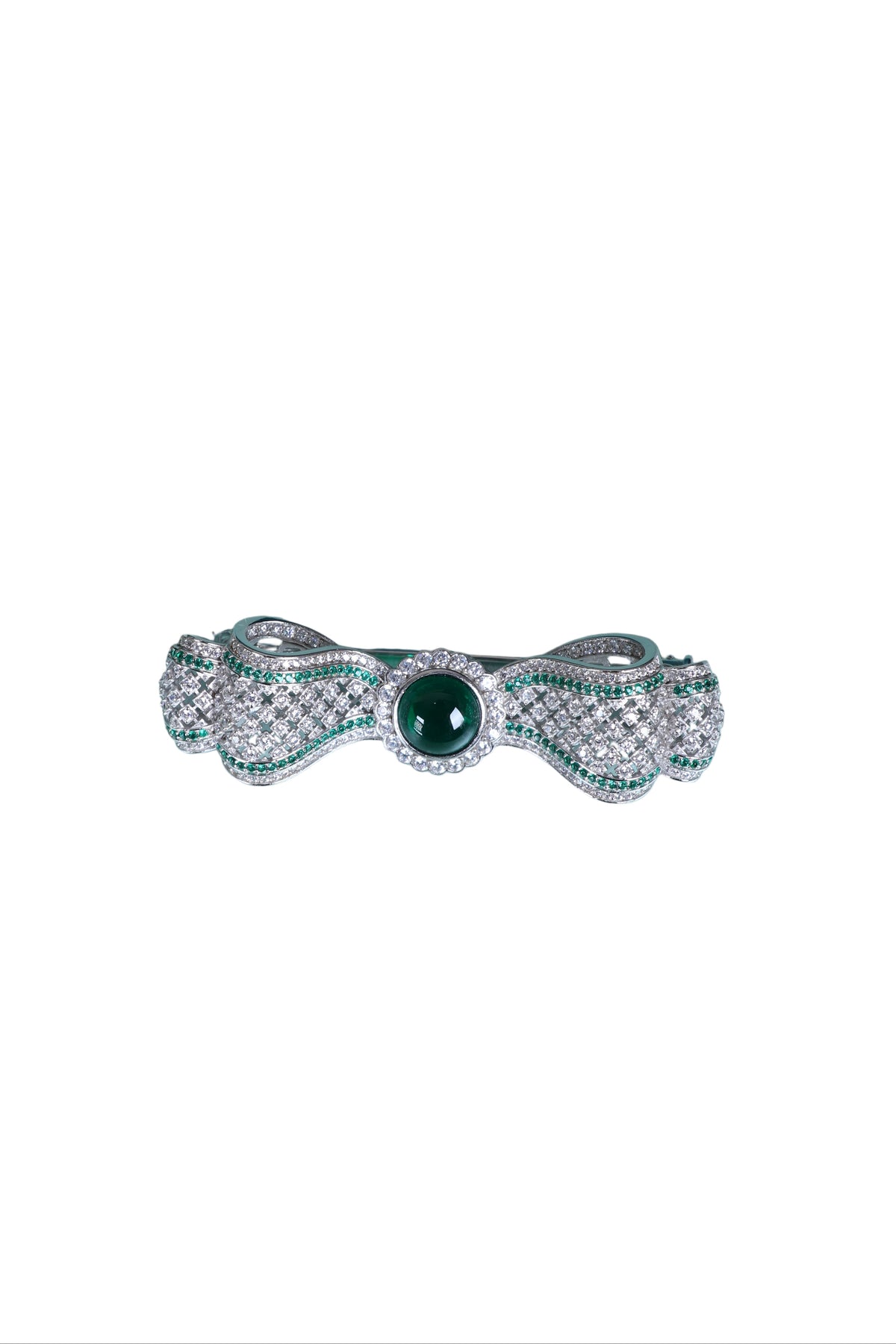 Sterling silver brooch with green center stone and pavé detailing