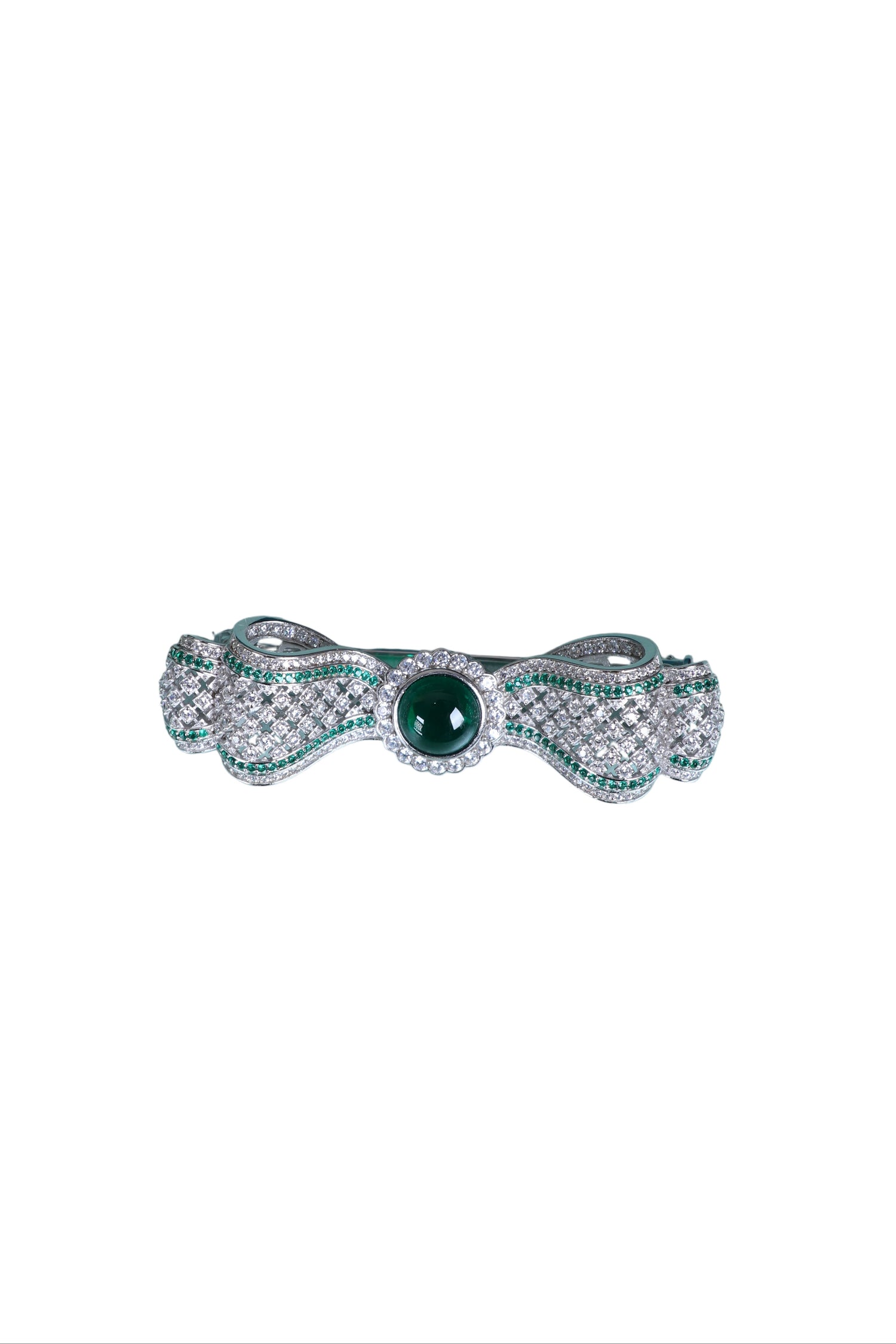 Sterling silver brooch with green center stone and pavé detailing