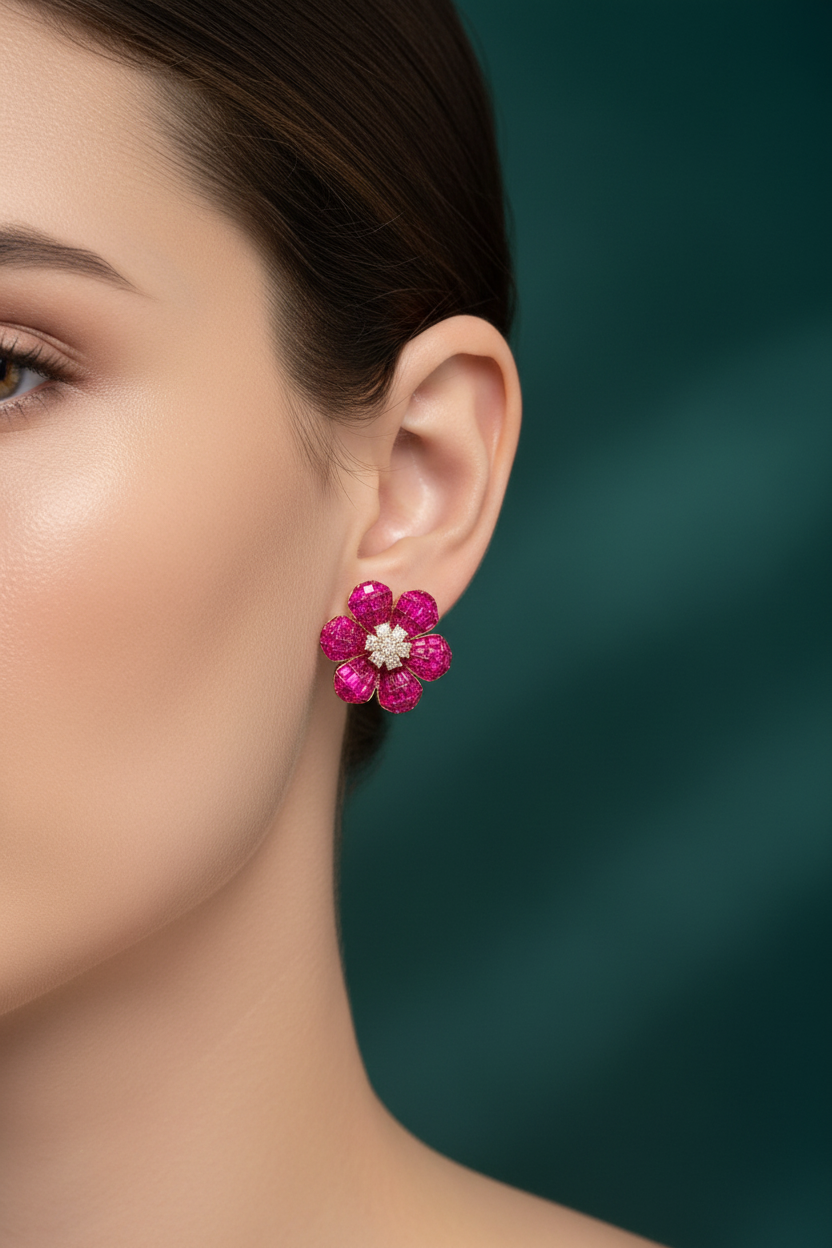 Women’s silver earrings with six fuchsia-pink crystal petals arranged in a bold floral design.