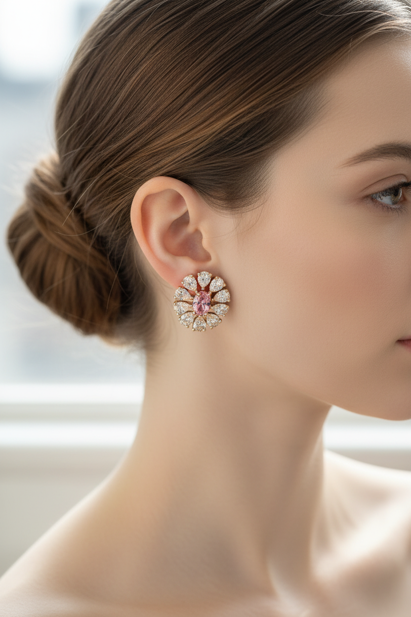 Woman wearing statement floral silver earrings with a pink stone centre and clear crystal detailing.