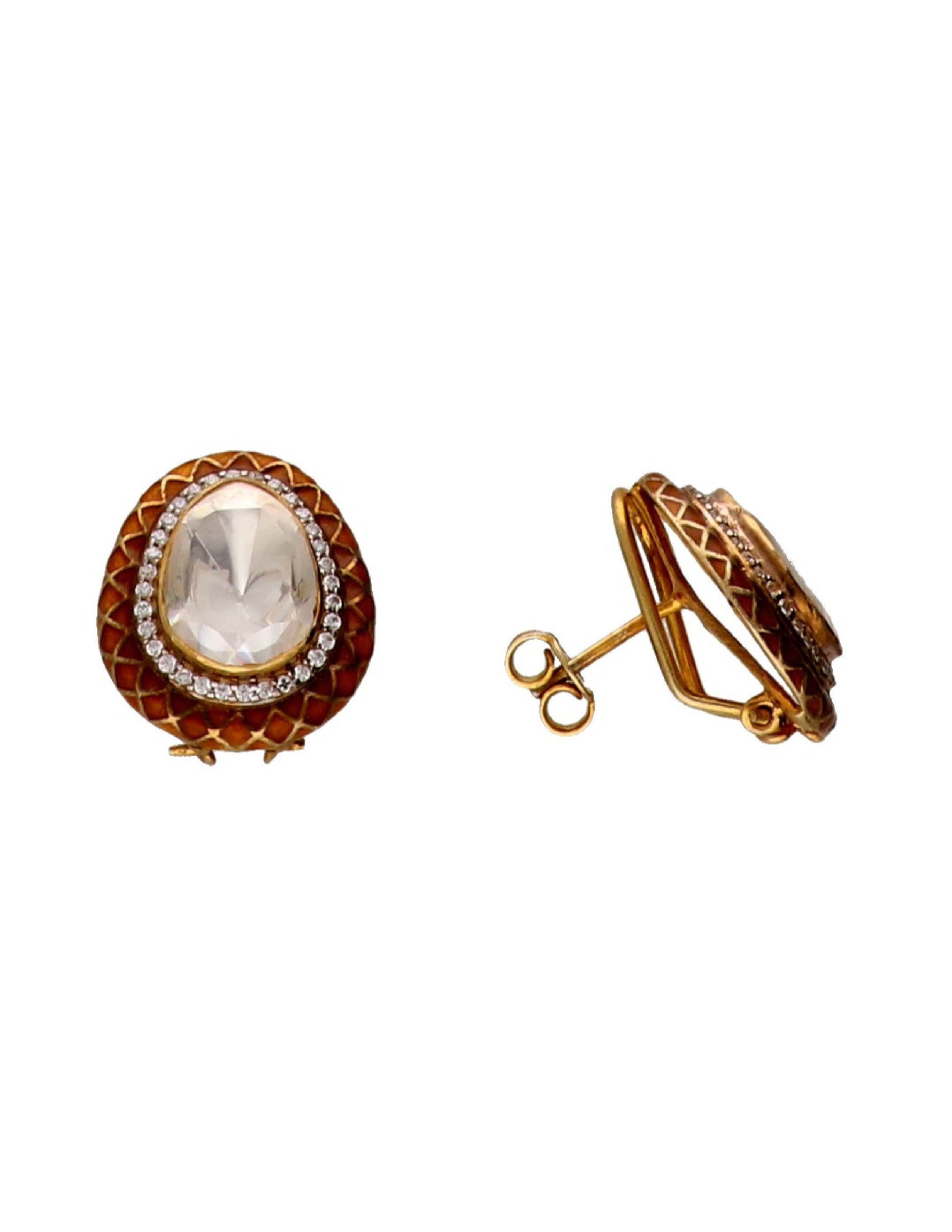 Women’s silver earrings featuring a large oval white stone, orange enamel work and crystal detailing.