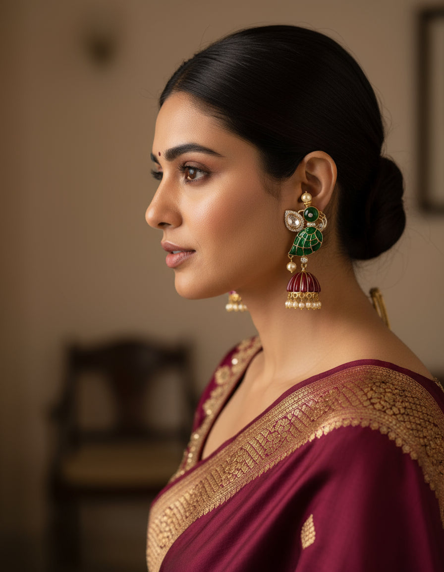 Traditional dangling earrings with green, red, and gold-toned beads and bells