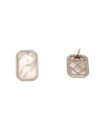 Elegant women’s silver earrings with a geometric rectangular shape and natural white pearl-like finish.