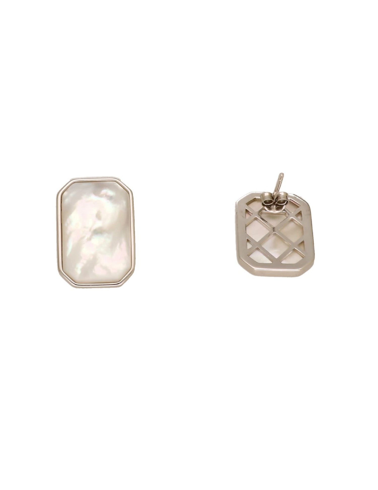 Elegant women’s silver earrings with a geometric rectangular shape and natural white pearl-like finish.